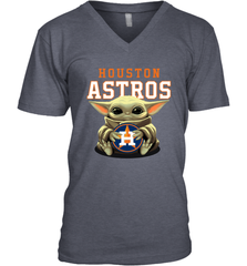 Baby Yoda Hugs Loves The Houston Astros Baseball Mens V-Neck T-Shirt Mens V-Neck T-Shirt - VeigarTee