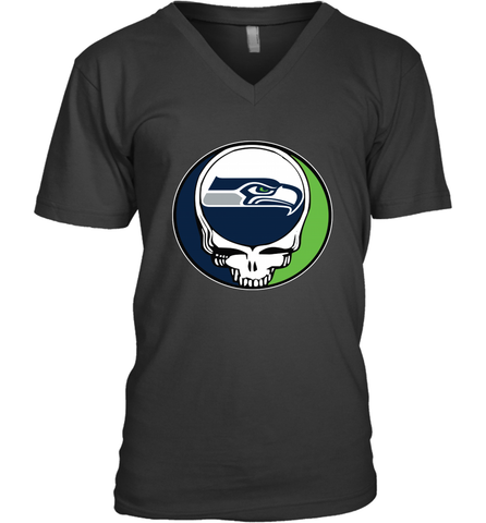 Seattle Seahawks Grateful Dead Steal Your Face NFL Football Mens V-Neck T-Shirt Mens V-Neck T-Shirt / Black / S Mens V-Neck T-Shirt - VeigarTee
