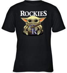 Baby Yoda Hugs Loves The Colorado Rockies Baseball Youth T-Shirt Youth T-Shirt - VeigarTee