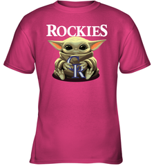Baby Yoda Hugs Loves The Colorado Rockies Baseball Youth T-Shirt Youth T-Shirt - VeigarTee