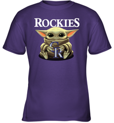 Baby Yoda Hugs Loves The Colorado Rockies Baseball Youth T-Shirt Youth T-Shirt - VeigarTee