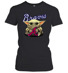 Baby Yoda Hugs Loves The Atlanta Braves Baseball Womens T-Shirt