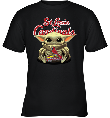 Baby Yoda Hugs Loves The St Louis Cardinals Baseball Youth T-Shirt Youth T-Shirt / Black / XS Youth T-Shirt - VeigarTee