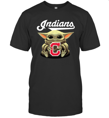 Baby Yoda Hugs Loves The Cleveland Indians Baseball Mens T-Shirt Mens T-Shirt / Black / S Mens T-Shirt - VeigarTee