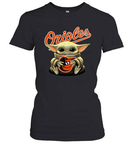 Baby Yoda Hugs Loves The Baltimore Orioles Baseball Womens T-Shirt Womens T-Shirt / Black / XS Womens T-Shirt - VeigarTee