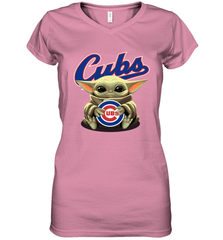 Baby Yoda Hugs Loves The Chicago Cubs Baseball Womens V-Neck T-Shirt Womens V-Neck T-Shirt - VeigarTee