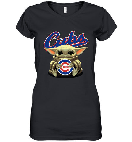 Baby Yoda Hugs Loves The Chicago Cubs Baseball Womens V-Neck T-Shirt Womens V-Neck T-Shirt / Black / S Womens V-Neck T-Shirt - VeigarTee