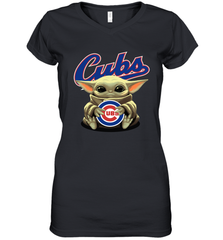 Baby Yoda Hugs Loves The Chicago Cubs Baseball Womens V-Neck T-Shirt Womens V-Neck T-Shirt - VeigarTee