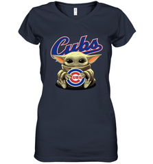Baby Yoda Hugs Loves The Chicago Cubs Baseball Womens V-Neck T-Shirt Womens V-Neck T-Shirt - VeigarTee