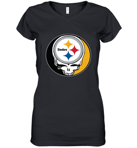 Pittsburgh Steelers Grateful Dead Steal Your Face NFL Football Womens V-Neck T-Shirt Womens V-Neck T-Shirt / Black / S Womens V-Neck T-Shirt - VeigarTee