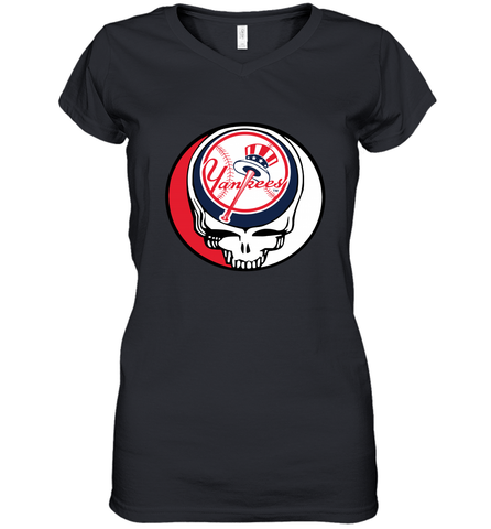 New York Yankees Grateful Dead Steal Your Face Baseball Womens V-Neck T-Shirt Womens V-Neck T-Shirt / Black / S Womens V-Neck T-Shirt - VeigarTee
