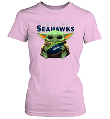Baby Yoda Loves The Seattle Seahawks Star Wars Baby Yoda Hugs Seahawks NFL Womens T-Shirt Womens T-Shirt - VeigarTee