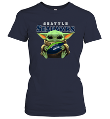 Baby Yoda Loves The Seattle Seahawks Star Wars Baby Yoda Hugs Seahawks NFL Womens T-Shirt Womens T-Shirt - VeigarTee