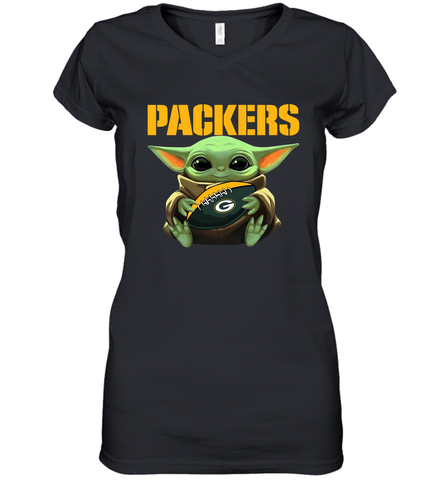 Baby Yoda Loves The Green Bay Packers Star Wars Baby Yoda Hugs Packers NFL Womens V-Neck T-Shirt Womens V-Neck T-Shirt / Black / S Womens V-Neck T-Shirt - VeigarTee