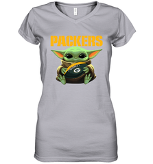 Baby Yoda Loves The Green Bay Packers Star Wars Baby Yoda Hugs Packers NFL Womens V-Neck T-Shirt Womens V-Neck T-Shirt - VeigarTee