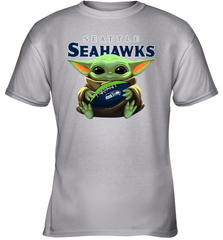 Baby Yoda Loves The Seattle Seahawks Star Wars Baby Yoda Hugs Seahawks NFL Youth T-Shirt Youth T-Shirt - VeigarTee