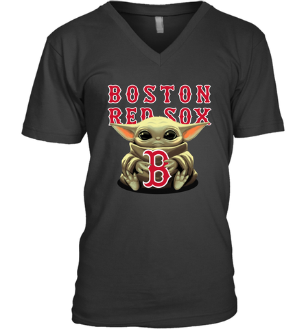 Baby Yoda Hugs Loves The Boston Red Sox Baseball Mens V-Neck T-Shirt Mens V-Neck T-Shirt / Black / S Mens V-Neck T-Shirt - VeigarTee