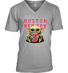 Baby Yoda Hugs Loves The Boston Red Sox Baseball Mens V-Neck T-Shirt Mens V-Neck T-Shirt - VeigarTee