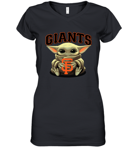 Baby Yoda Hugs Loves The San Francisco GiantsBaseball Womens V-Neck T-Shirt Womens V-Neck T-Shirt / Black / S Womens V-Neck T-Shirt - VeigarTee