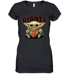 Baby Yoda Hugs Loves The San Francisco GiantsBaseball Womens V-Neck T-Shirt Womens V-Neck T-Shirt - VeigarTee