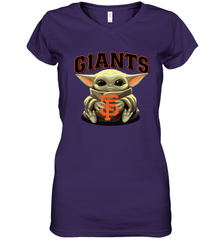 Baby Yoda Hugs Loves The San Francisco GiantsBaseball Womens V-Neck T-Shirt Womens V-Neck T-Shirt - VeigarTee