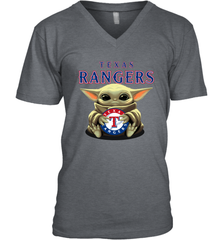Baby Yoda Hugs Loves The Texas Rangers Baseball Mens V-Neck T-Shirt Mens V-Neck T-Shirt - VeigarTee