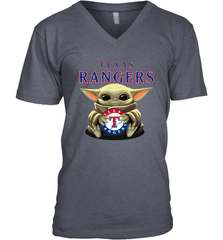 Baby Yoda Hugs Loves The Texas Rangers Baseball Mens V-Neck T-Shirt Mens V-Neck T-Shirt - VeigarTee