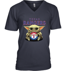 Baby Yoda Hugs Loves The Texas Rangers Baseball Mens V-Neck T-Shirt Mens V-Neck T-Shirt - VeigarTee