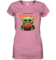 Baby Yoda Loves The Cincinnati Bengals Star Wars Baby Yoda Hugs Bengals NFL Womens V-Neck T-Shirt Womens V-Neck T-Shirt - VeigarTee