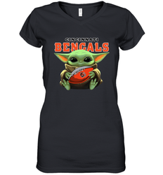 Baby Yoda Loves The Cincinnati Bengals Star Wars Baby Yoda Hugs Bengals NFL Womens V-Neck T-Shirt