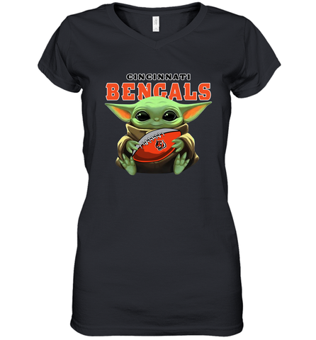 Baby Yoda Loves The Cincinnati Bengals Star Wars Baby Yoda Hugs Bengals NFL Womens V-Neck T-Shirt Womens V-Neck T-Shirt / Black / S Womens V-Neck T-Shirt - VeigarTee