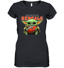 Baby Yoda Loves The Cincinnati Bengals Star Wars Baby Yoda Hugs Bengals NFL Womens V-Neck T-Shirt Womens V-Neck T-Shirt - VeigarTee