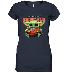 Baby Yoda Loves The Cincinnati Bengals Star Wars Baby Yoda Hugs Bengals NFL Womens V-Neck T-Shirt