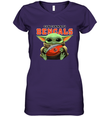 Baby Yoda Loves The Cincinnati Bengals Star Wars Baby Yoda Hugs Bengals NFL Womens V-Neck T-Shirt Womens V-Neck T-Shirt - VeigarTee