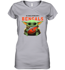 Baby Yoda Loves The Cincinnati Bengals Star Wars Baby Yoda Hugs Bengals NFL Womens V-Neck T-Shirt Womens V-Neck T-Shirt - VeigarTee