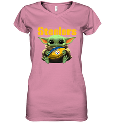 Baby Yoda Loves The Pittsburgh Steelers Star Wars Baby Yoda Hugs Steelers NFL Womens V-Neck T-Shirt Womens V-Neck T-Shirt - VeigarTee