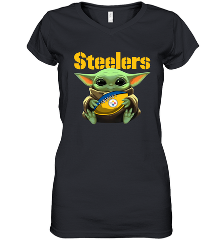 Baby Yoda Loves The Pittsburgh Steelers Star Wars Baby Yoda Hugs Steelers NFL Womens V-Neck T-Shirt Womens V-Neck T-Shirt / Black / S Womens V-Neck T-Shirt - VeigarTee