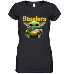 Baby Yoda Loves The Pittsburgh Steelers Star Wars Baby Yoda Hugs Steelers NFL Womens V-Neck T-Shirt Womens V-Neck T-Shirt - VeigarTee