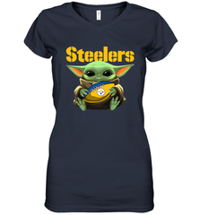 Baby Yoda Loves The Pittsburgh Steelers Star Wars Baby Yoda Hugs Steelers NFL Womens V-Neck T-Shirt Womens V-Neck T-Shirt - VeigarTee