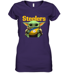 Baby Yoda Loves The Pittsburgh Steelers Star Wars Baby Yoda Hugs Steelers NFL Womens V-Neck T-Shirt Womens V-Neck T-Shirt - VeigarTee