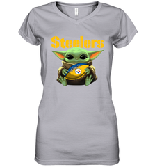Baby Yoda Loves The Pittsburgh Steelers Star Wars Baby Yoda Hugs Steelers NFL Womens V-Neck T-Shirt Womens V-Neck T-Shirt - VeigarTee