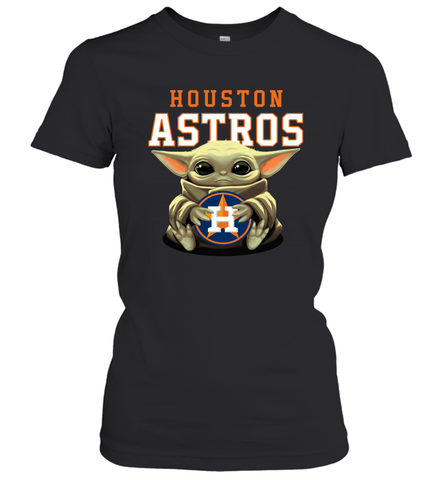 Baby Yoda Hugs Loves The Houston Astros Baseball Womens T-Shirt Womens T-Shirt / Black / XS Womens T-Shirt - VeigarTee