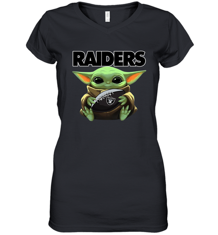 Baby Yoda Loves The Oakland Raiders Star Wars Baby Yoda Hugs Raiders NFL Womens V-Neck T-Shirt Womens V-Neck T-Shirt / Black / S Womens V-Neck T-Shirt - VeigarTee