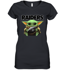 Baby Yoda Loves The Oakland Raiders Star Wars Baby Yoda Hugs Raiders NFL Womens V-Neck T-Shirt Womens V-Neck T-Shirt - VeigarTee