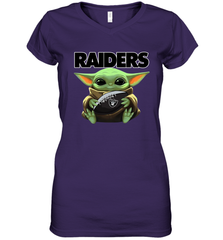 Baby Yoda Loves The Oakland Raiders Star Wars Baby Yoda Hugs Raiders NFL Womens V-Neck T-Shirt Womens V-Neck T-Shirt - VeigarTee