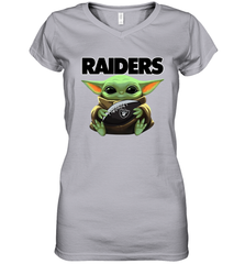 Baby Yoda Loves The Oakland Raiders Star Wars Baby Yoda Hugs Raiders NFL Womens V-Neck T-Shirt Womens V-Neck T-Shirt - VeigarTee