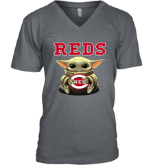 Baby Yoda Hugs Loves The Cincinnati Reds Baseball Mens V-Neck T-Shirt Mens V-Neck T-Shirt - VeigarTee