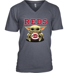 Baby Yoda Hugs Loves The Cincinnati Reds Baseball Mens V-Neck T-Shirt Mens V-Neck T-Shirt - VeigarTee