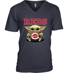 Baby Yoda Hugs Loves The Cincinnati Reds Baseball Mens V-Neck T-Shirt Mens V-Neck T-Shirt - VeigarTee