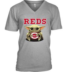 Baby Yoda Hugs Loves The Cincinnati Reds Baseball Mens V-Neck T-Shirt Mens V-Neck T-Shirt - VeigarTee